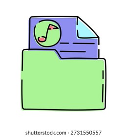Music Folder Doodle style design, file folder with music note, symbolizing audio storage and playlists, ideal for app UI music libraries and digital organization