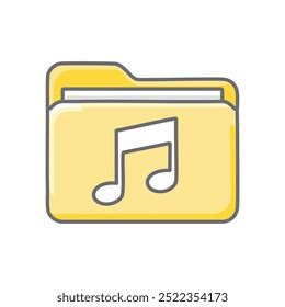 Icono de carpeta de música. Icono de carpeta amarillo con símbolo de nota musical. Representa el almacenamiento de audio digital.