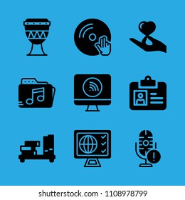 music folder, microphone, id card, television, vinyl, hand holding a heart, shelf, television and drum vector icon. Simple icons set