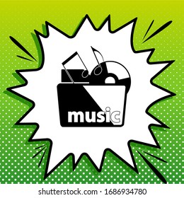 Music folder sign. Black Icon on white popart Splash at green background with white spots. Illustration.
