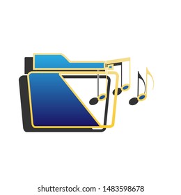 Music folder sign. Blue icon with gold contour with dark gray shadow at white background. Illustration.