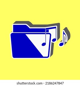 Music folder sign. Blue Icon with white stroke in 3d at yellow Background. Illustration.