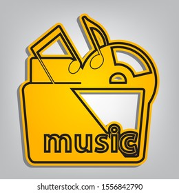 Music folder sign. Flat orange icon with overlapping linear black icon with gray shadow at whitish background. Illustration.