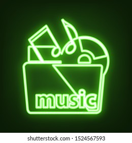 Music folder sign. Green neon icon in the dark. Blurred lightening. Illustration.