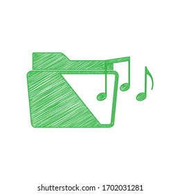 Music folder sign. Green scribble Icon with solid contour on white background. Illustration.