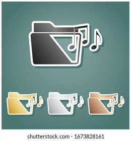 Music folder sign. Set of metallic Icons with gray, gold, silver and bronze gradient with white contour and shadow at viridan background. Illustration.
