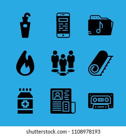 music folder, smartphone, group, umbrella stand, carpet, medicine, cassette, newspaper and fire vector icon. Simple icons set