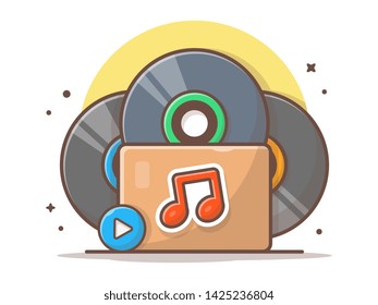 Music Folder with Vinyl, Tune and Note of Music Vector Illustration. Stack of Vinyl in Box Icon. Flat Cartoon Style Suitable for Web Landing Page,  Banner, Flyer, Sticker, Wallpaper, Card, Background