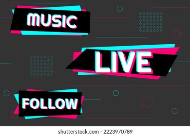 Music - Follow - Live. Background in the style of the social network. Dark modern digital background. Vector illustration. EPS10