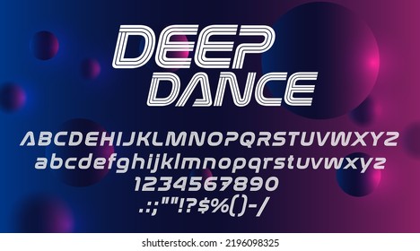 Alfabeto del tipo de letra de la música, tipo de fiesta del club y tipografía, tipo de DJ vectorial. Letra y números retro de música electrónica o letras modernas, pop urbano, danza de trance o discoteca y letra de línea en negrita tecno