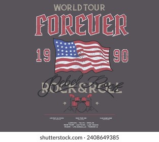 Music forever artwork. America flag vintage design. World music poster design. Rock and roll vintage print design. Music drum vector artwork for apparel, stickers, posters, background and other.