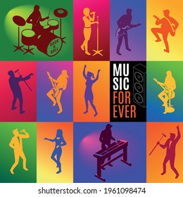 Music Forever Concept Poster and Banner with musicians, singers, fans silhouettes isometric icons on isolated multicolored background