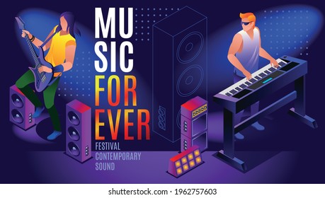 Music Forever Concept Poster of Festival Contemporary Sound and Banner, Template with musicians isometric icons on isolated multicolored background