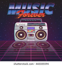 Music forever poster with retro tape recorder on glassy floor on starry sky background flat vector illustration