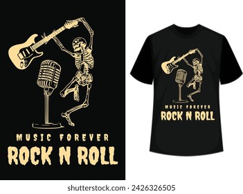 Music forever rock n roll skeleton t-shirt design with dancing skeleton and lightning. Vintage rock-n-roll tee shirt with grunge. Design for vintage apparel on t-shirt mockup. Vector illustration.