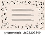 Music frame with notes and symbols on pastel background for World Music Day or Jazz Day. Hand drawn music symbols in doodle style forming a creative frame on soft pastel background.