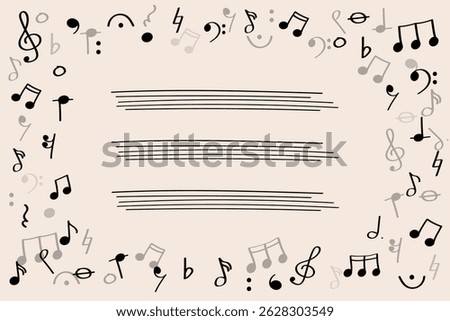 Music frame with notes and symbols on pastel background for World Music Day or Jazz Day. Hand drawn music symbols in doodle style forming a creative frame on soft pastel background.