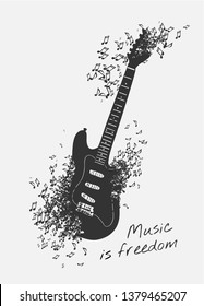 music is freedom slogan with guitar and music notes illustration