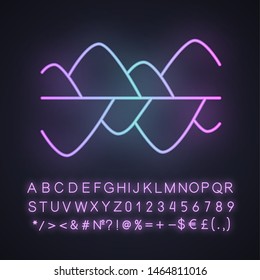 Music frequency level neon light icon. Vibration, noise level curves. Sound waves, waveforms. Digital soundwaves rhythm. Glowing sign with alphabet, numbers and symbols. Vector isolated illustration