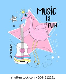 Music is fun and flamingo vector illustration for t shirt print design.