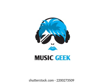 Music Geek Dj Geek Nerd Hipster People Head Logo
