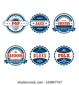 music genre label and badge blue red set