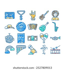 music genres audio performance doodle icons set vector. sketch line art classical and country, pop hip hop, jazz and electronic, disco funk music genres. musical entertainment color illustrations