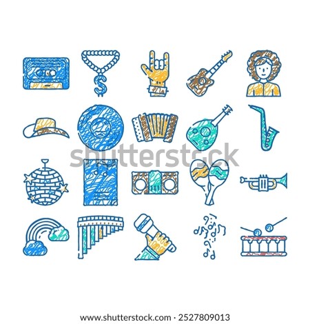 music genres audio performance doodle icons set vector. sketch line art classical and country, pop hip hop, jazz and electronic, disco funk music genres. musical entertainment color illustrations