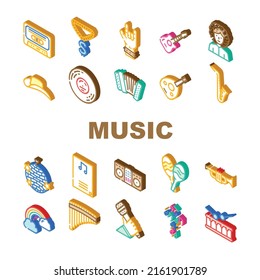 Music Genres Audio Performance Icons Set Vector. Classical And Country, Pop Hip Hop, Jazz Electronic, Disco And Funk Music Genres. Musical Entertainment Performing Isometric Sign Color Illustrations