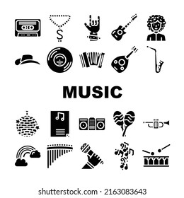 Music Genres Audio Performance Icons Set Vector. Classical And Country, Pop Hip Hop, Jazz And Electronic, Disco Funk Music Genres. Musical Entertainment Performing Glyph Pictograms Black Illustration