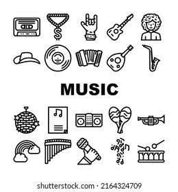 Music Genres Audio Performance Icons Set Vector. Classical And Country, Pop Hip Hop, Jazz And Electronic, Disco And Funk Music Genres. Musical Entertainment And Performing Black Contour Illustrations