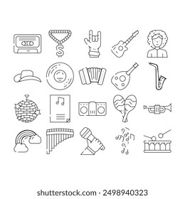 Music Genres Audio Performance Icons Set Vector. Classical And Country, Pop Hip Hop, Jazz And Electronic, Disco And Funk Music Genres. Musical Entertainment And Performing Black Contour Illustrations