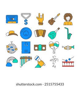 Music Genres Audio Performance Icons Set Vector. Classical And Country, Pop Hip Hop, Jazz And Electronic, Disco And Funk Music Genres. Musical Entertainment And Performing color Contour Illustrations