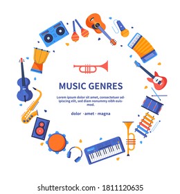 Music genres - colorful flat design style banner on white background with place for text. Images of musical instruments, guitars, saxophone, drums, maracas, violin, darbuka, trumpet in a round frame