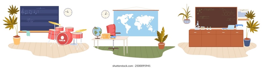 Music, geography and chemistry school classroom vector illustration