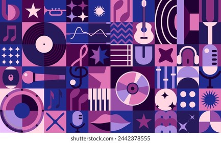 Music geometric abstract poster or modern banner with pattern, vector background. Geometric bauhaus music shapes, guitar or vinyl and CD disc, retro microphone or piano keys and loudspeaker