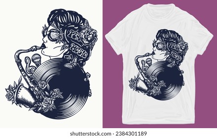 Music girl, portrait. African American funky woman plays a saxophone. Vinyl disk, saxophone, microphone, notes. Creative print for clothes. T-shirt design. Template for posters, textiles, apparels