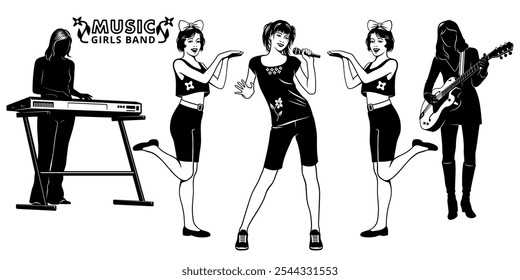 Music Girls Band. Singer, Dancers, Keyboardist, Electric guitar player. Vector cliparts isolated on white.