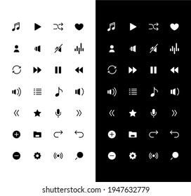 Music glyph icons set for night and day mode. Mute and repeat sound. Smartphone multimedia. Mobile UI. Silhouette symbols for light, dark theme. Vector isolated illustration bundle