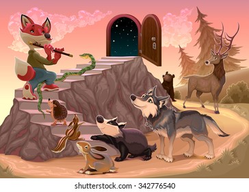 Music to go beyond the fear. Fox is playing the flute. Vector illustration