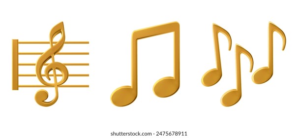 Emoticon de oro de la música, emoji del App móvil. Iconos de clave de agudos y notas. Elementos para grabar melodías. Decoración de metal para el cartel del festival de música. orquesta de Jazz, violín y piano o música vocal.