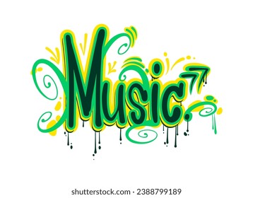 Music graffiti, street art style word, urban text lettering in paint spray, vector airbrush calligraphy. Word Music in graffiti letters with play button arrow and green paint leak drips on wall