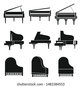 Iconos musicales de piano de cola. Conjunto simple de iconos vectoriales de piano de cola de música para el diseño web sobre fondo blanco,