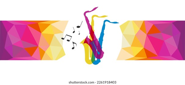 Music graphic with saxophone and design elements.