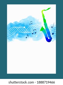 Music graphic with saxophone on watercolor background.