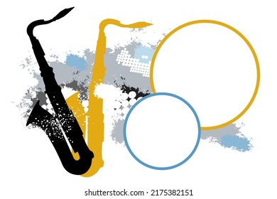 Music graphic with saxophone and text buttons.