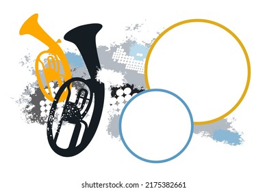 Gráfico musical con tuba y botones para texto.