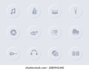 music gray vector icons on round rubber buttons. music icon set for web, mobile apps, ui design and promo business polygraphy