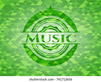 Music green emblem with triangle mosaic background