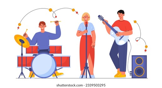 Music group performs concept. Band with guitara, drums and microphone. Drummer, singer and guitarist at stage. Creativity and art. Cartoon flat vector illustration isolated on white background